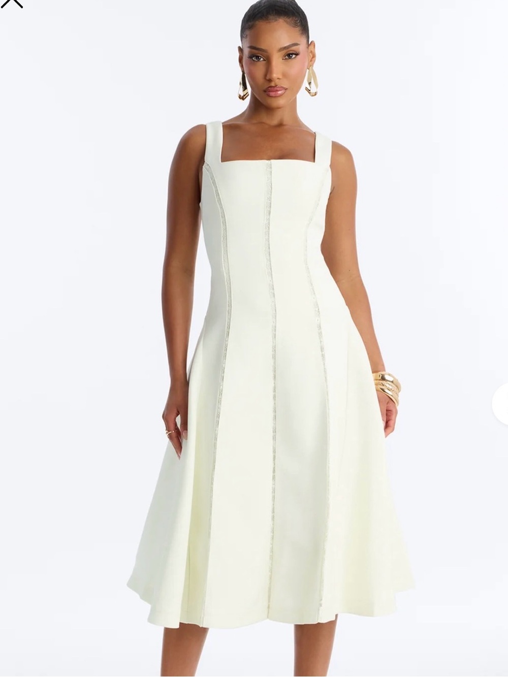Elegant Cream Square-Neck Midi Dress